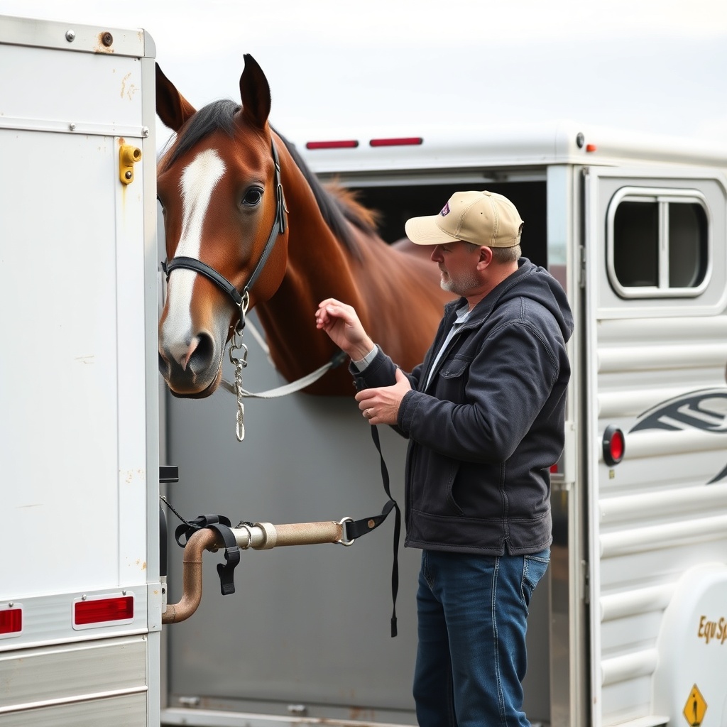 <clean photorealistic photo of a horse owner adjusting a weight-distributing hitch spring