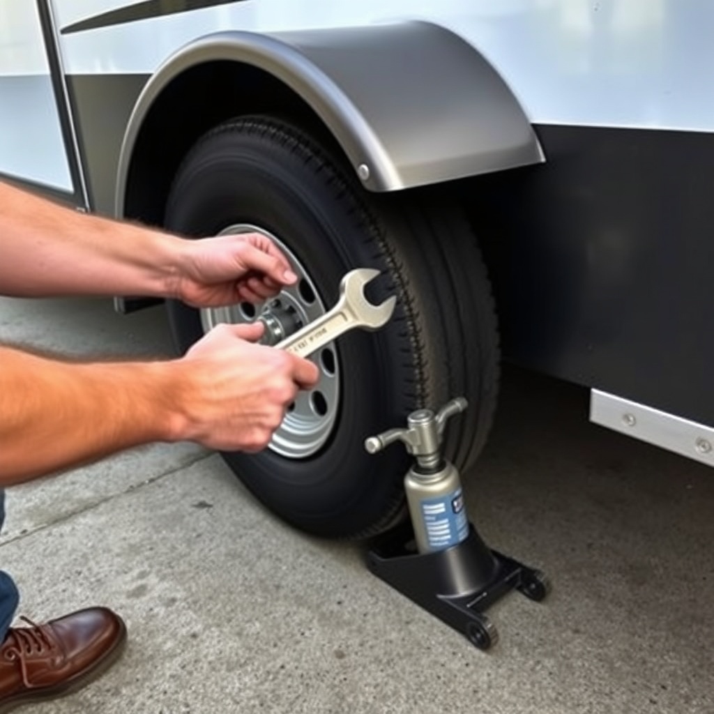 <clean photorealistic photo/illustration of a person using a cross-wrench to loosen lug nu