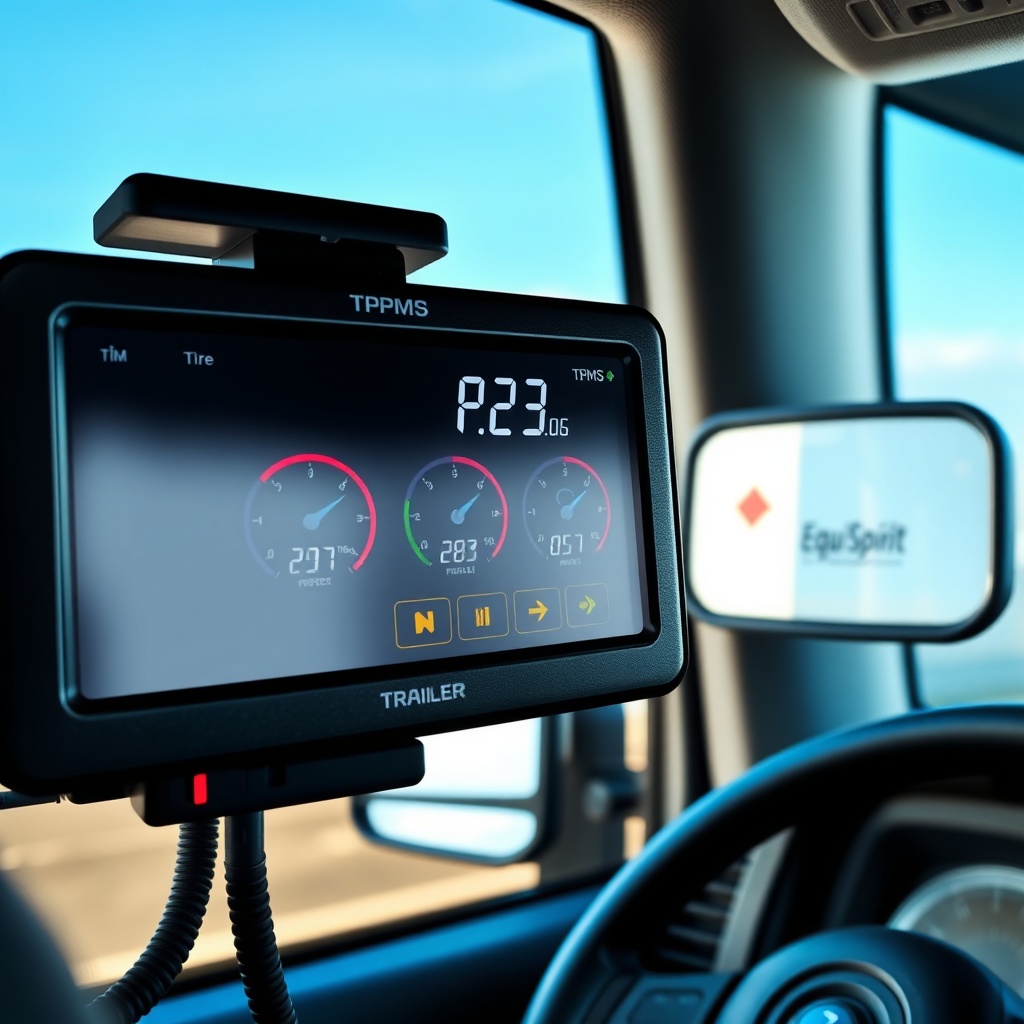 <clean photorealistic photo/illustration of a TPMS monitor mounted in a truck cab showing