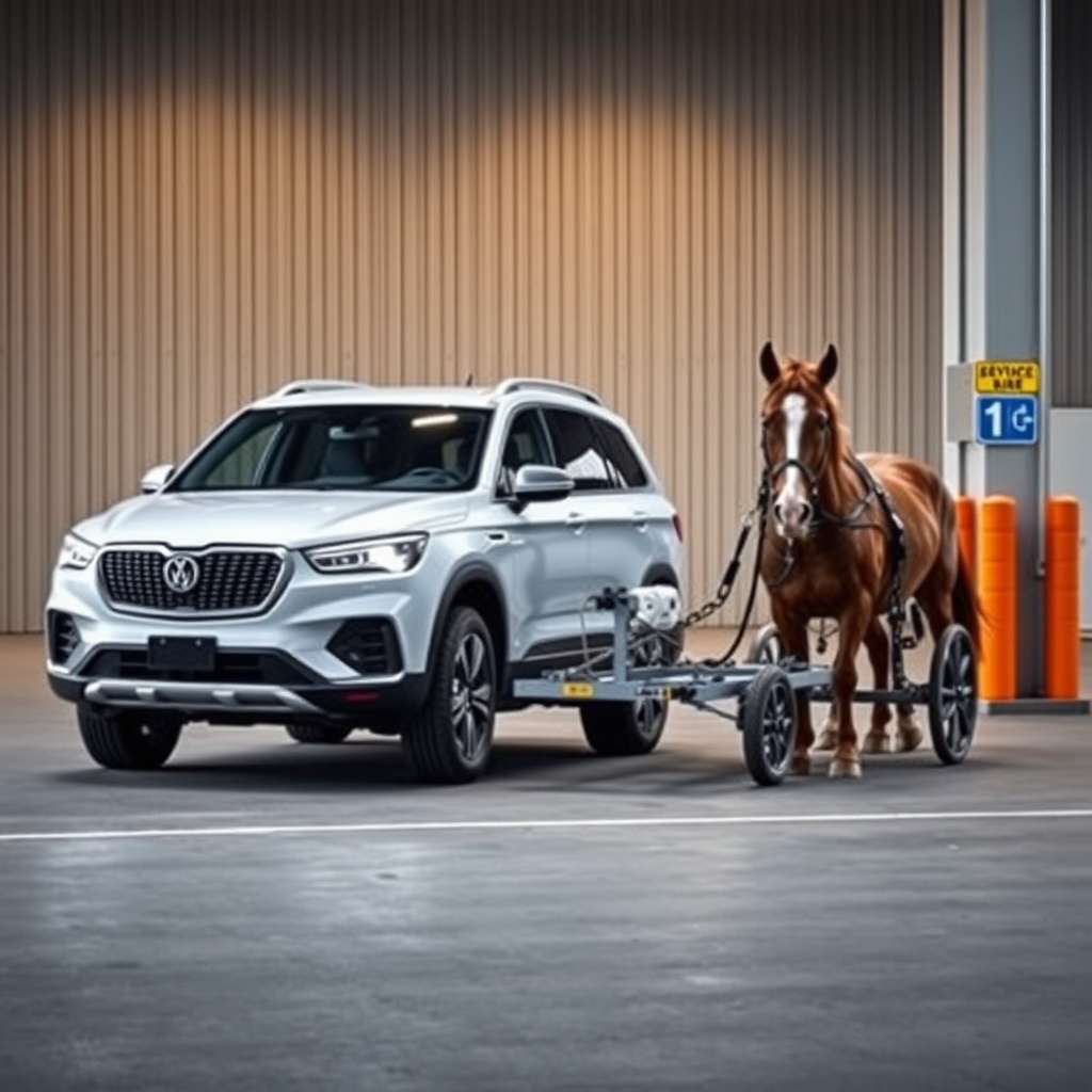 A clean photorealistic photo of an Equi-Spirit 2 Horse Bumper Pull hitched to a modern SUV