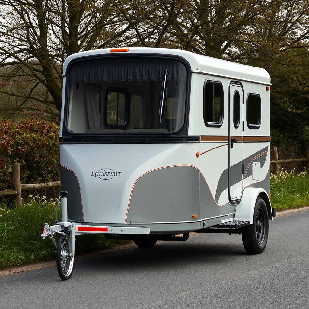 A clean photorealistic photo of an Equi-Spirit 2 Horse Bumper Pull parked on a rural lane