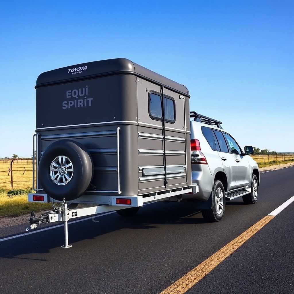<A 16:9 photorealistic photo of an Equi-Spirit 2 Horse Bumper Pull trailer hitched to a si