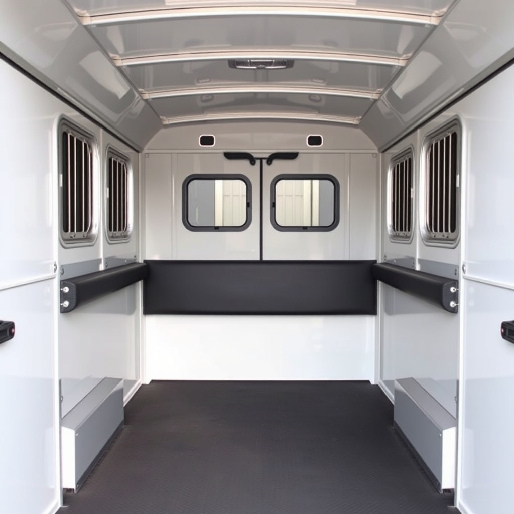 <A clean photorealistic photo of the interior of an Equi-Spirit 2 Horse Bumper Pull traile