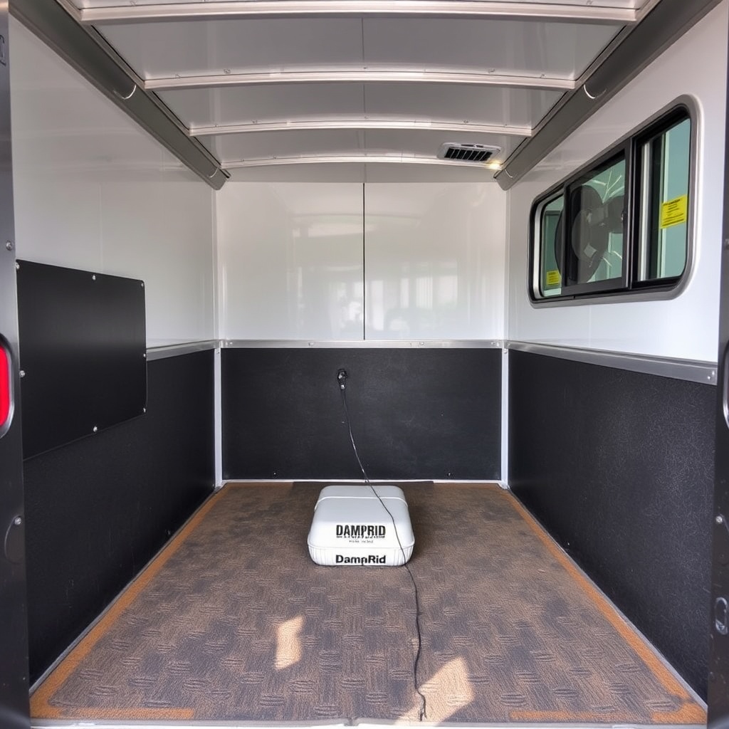 A clean photorealistic photo of the inside of an Equi-Spirit 2 horse bumper pull trailer