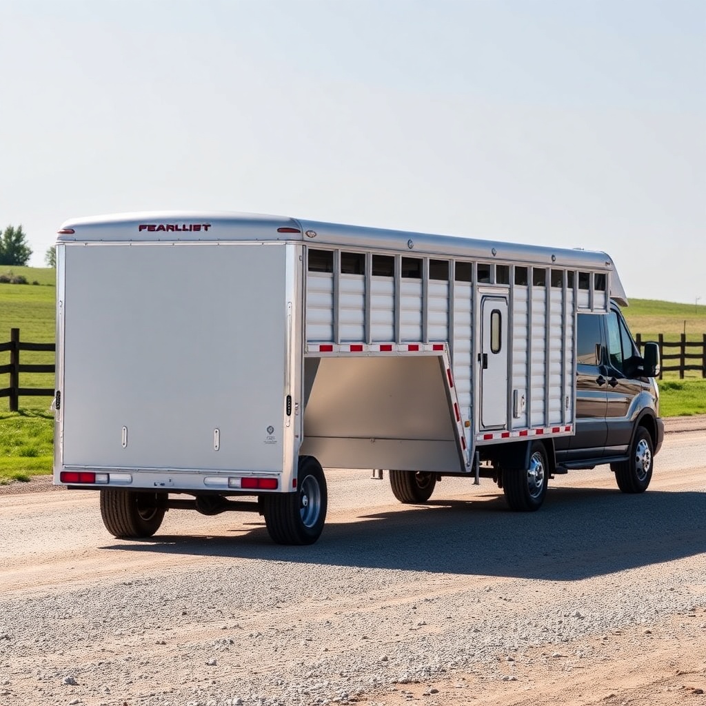 A clean photorealistic photo of a Featherlite 8541 gooseneck trailer hitched to a heavy-du