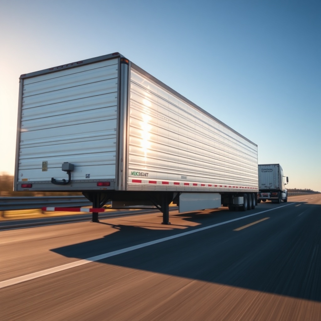 A side-angle shot of an Exiss CT 300 trailer in motion on a two-lane highway