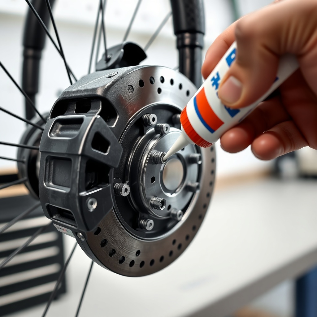 A photorealistic close-up of a Featherlite 8541’s disc brake caliper with a technician’s h