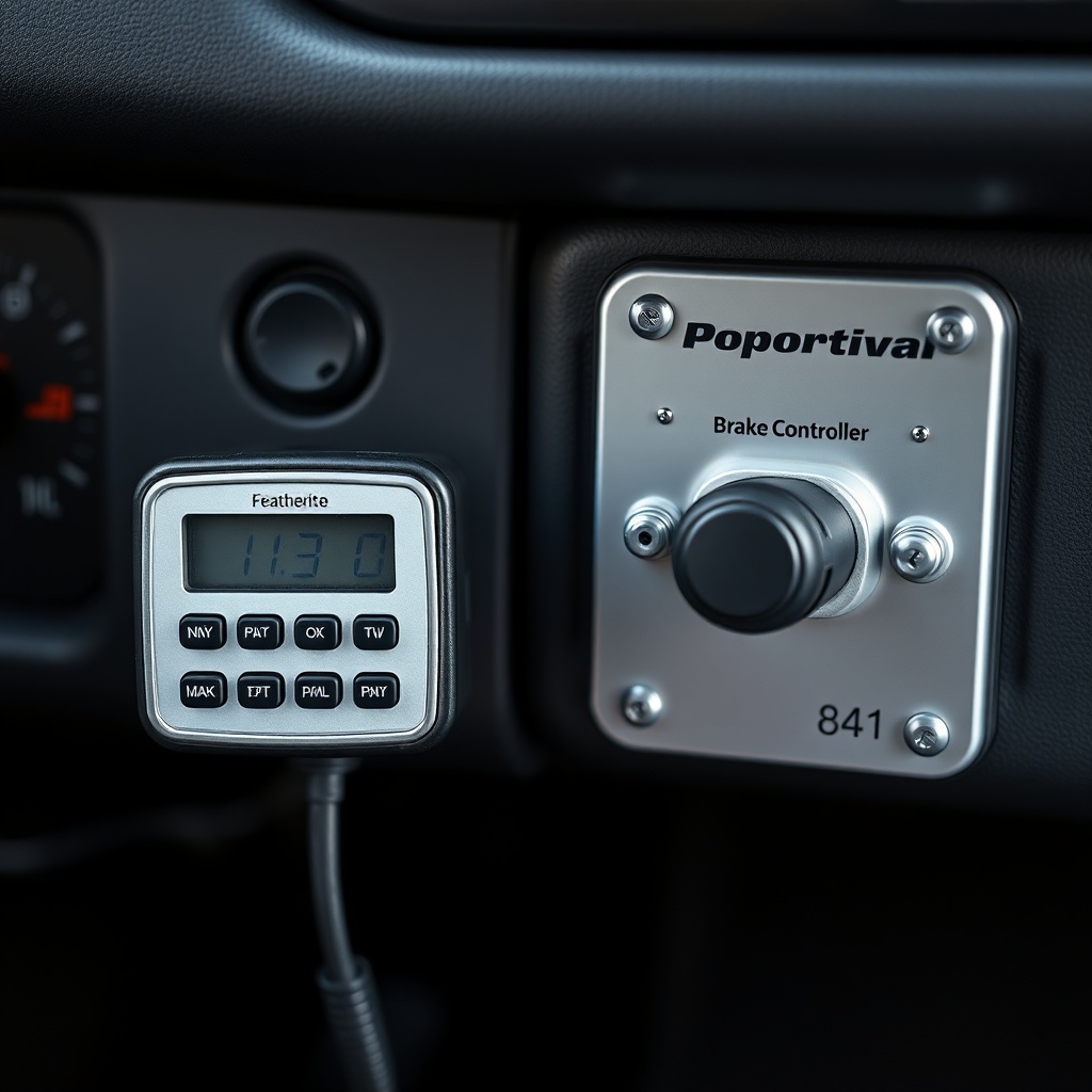 <clean photorealistic photo of a modern proportional brake controller dash-mounted next to