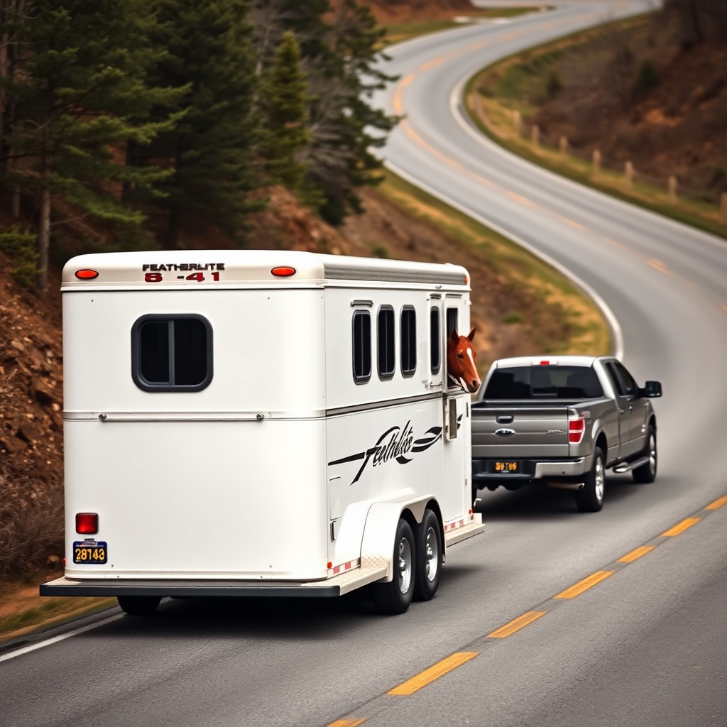 <clean photorealistic photo of a horse trailer (Featherlite 8541) being towed by a pickup