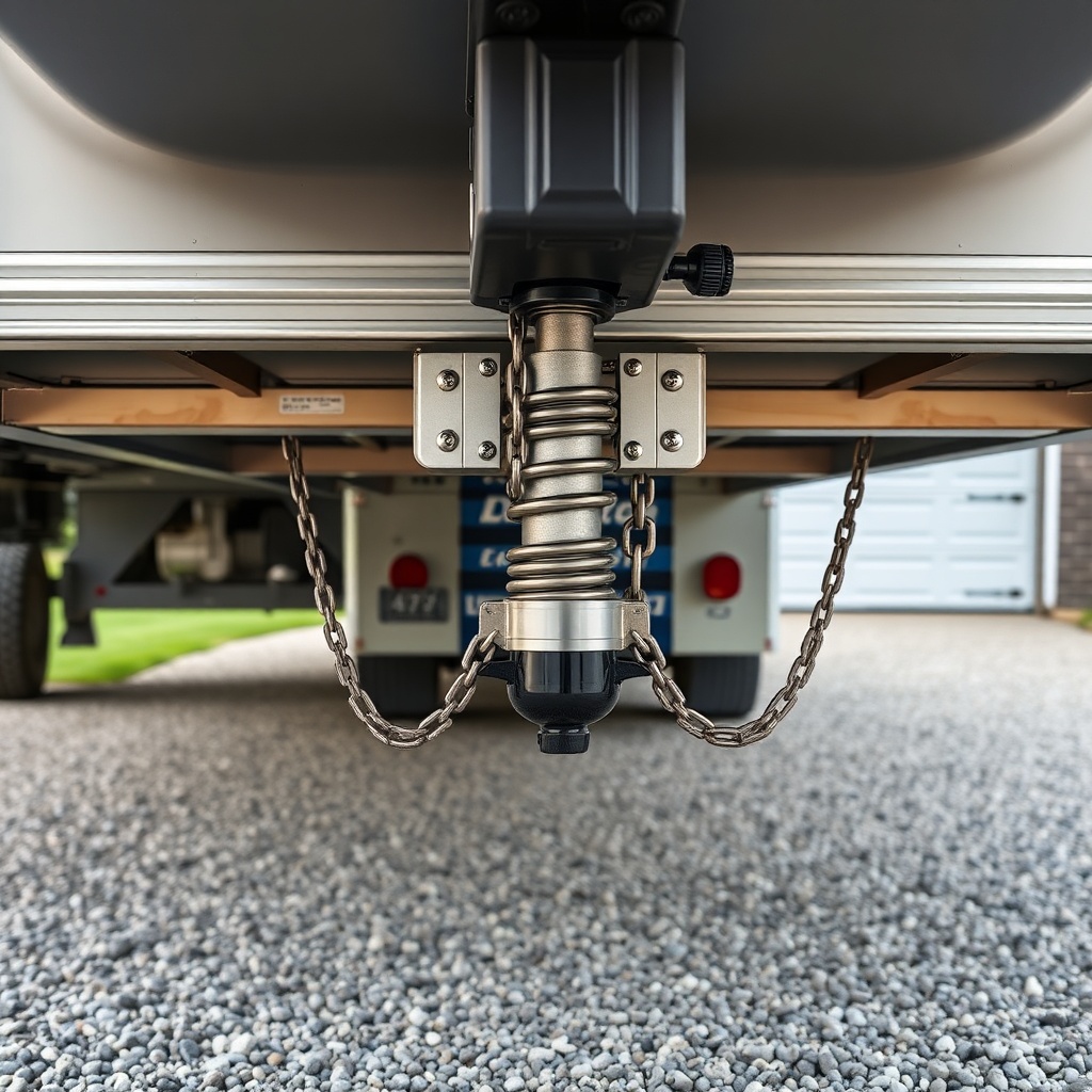 <A close-up photorealistic illustration of a gooseneck weight distribution hitch being ins