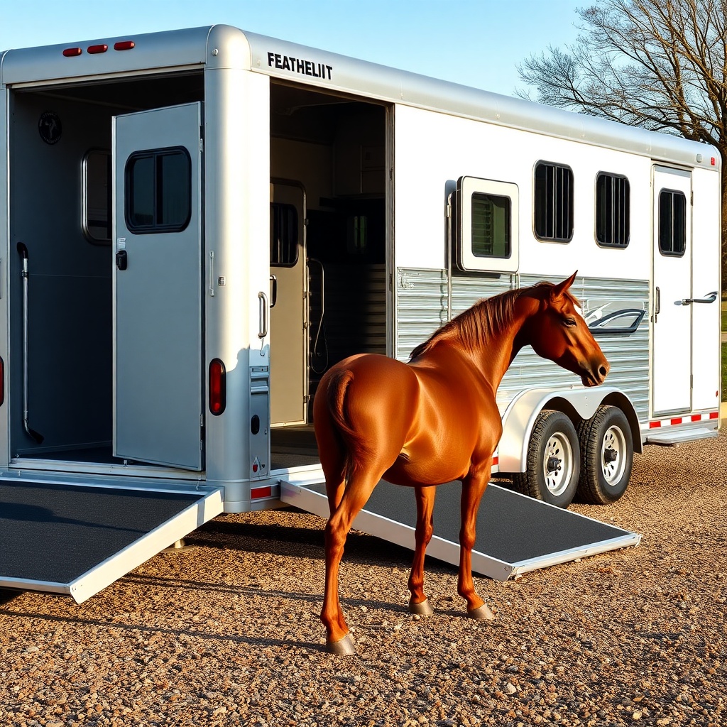 A photorealistic side view of a Featherlite 8541 trailer with its ramp fully extended on a
