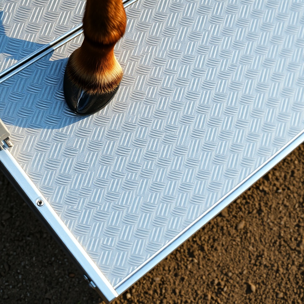 A photorealistic overhead view of a Featherlite 8541 ramp with a horse’s hoof near the edg