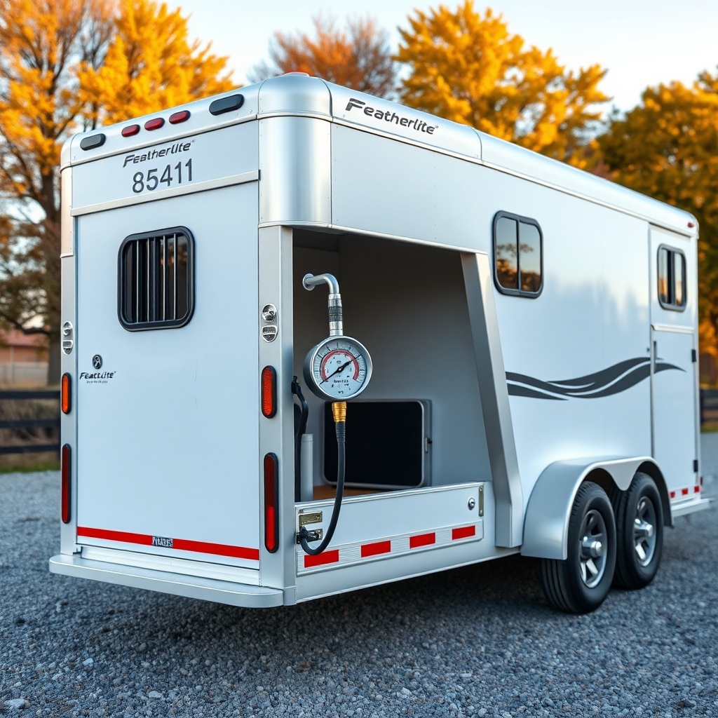 <A photorealistic photo of a Featherlite 8541 horse trailer parked on a gravel lot