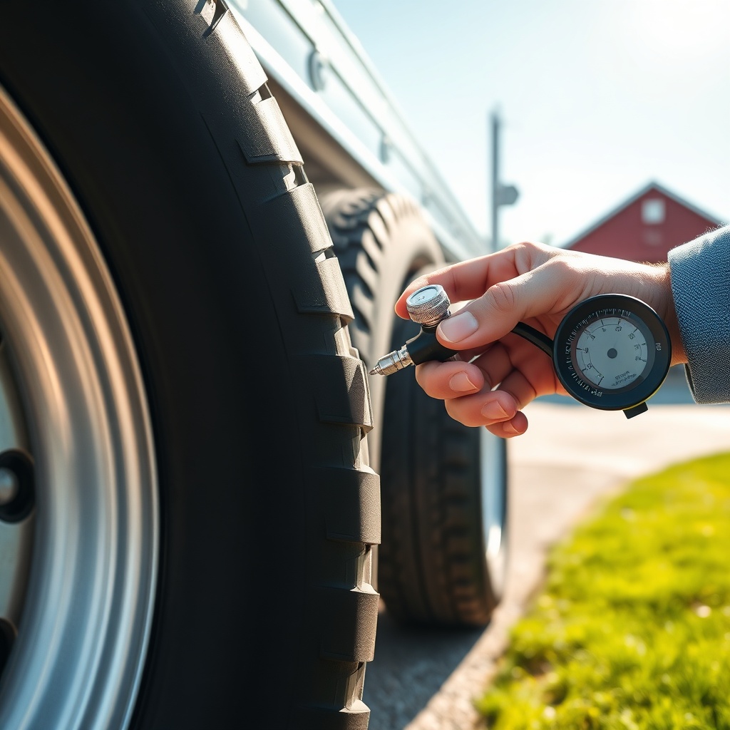 <A photorealistic photo of a close-up view of a Featherlite 8541 trailer tire