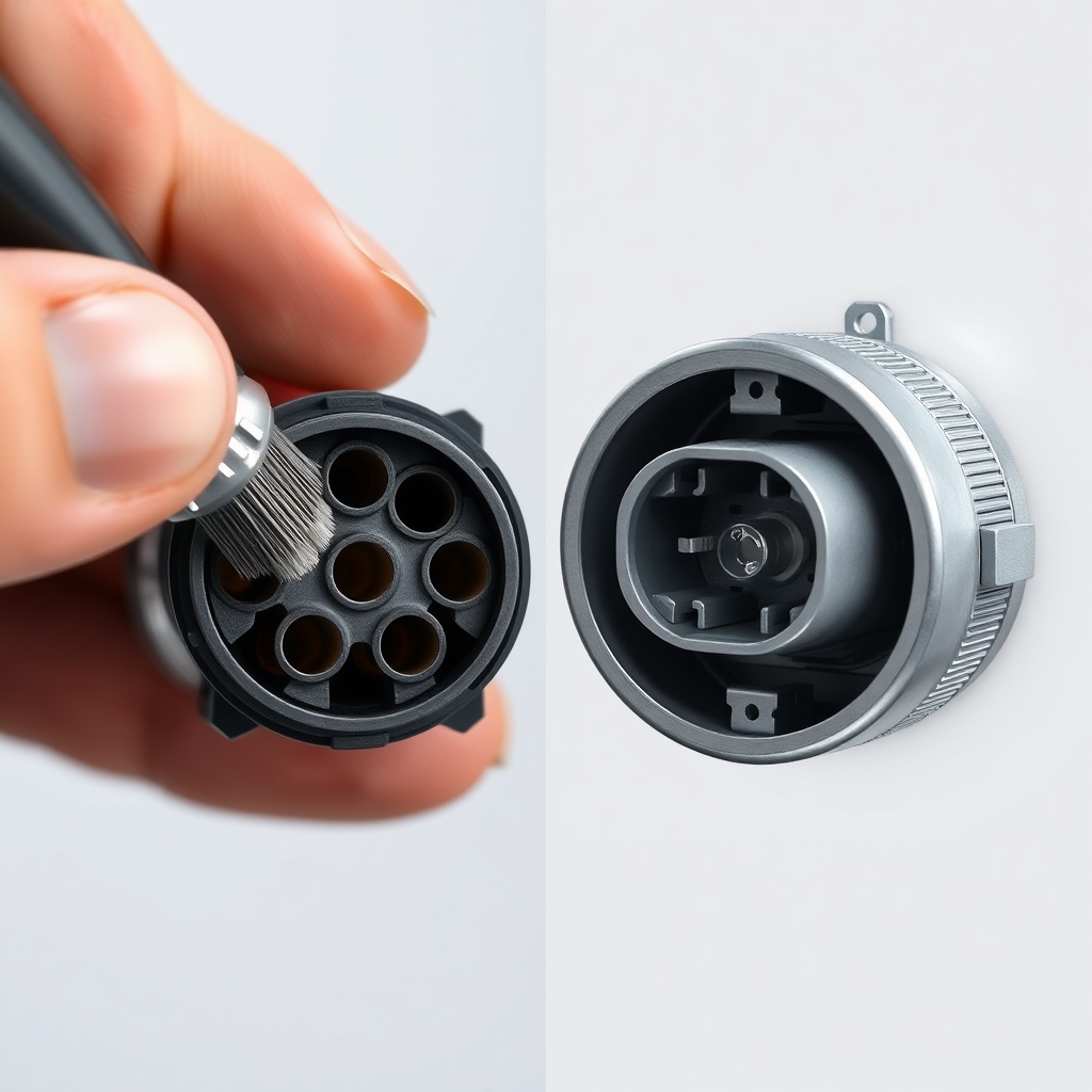 <clean photorealistic photo/illustration of a technician inspecting a 7-pin trailer connec