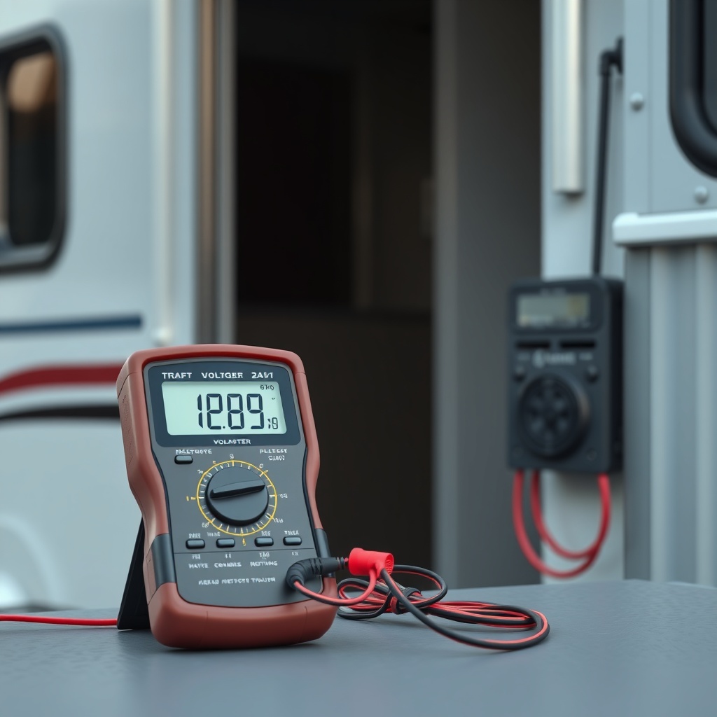 <clean photorealistic photo/illustration of a multimeter testing voltage at a 7-pin connec