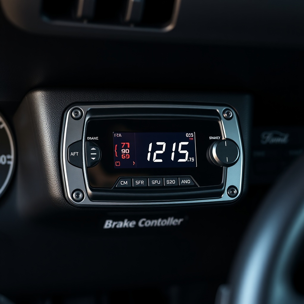 <clean photorealistic photo of a sleek brake controller unit mounted under a truck dashboa