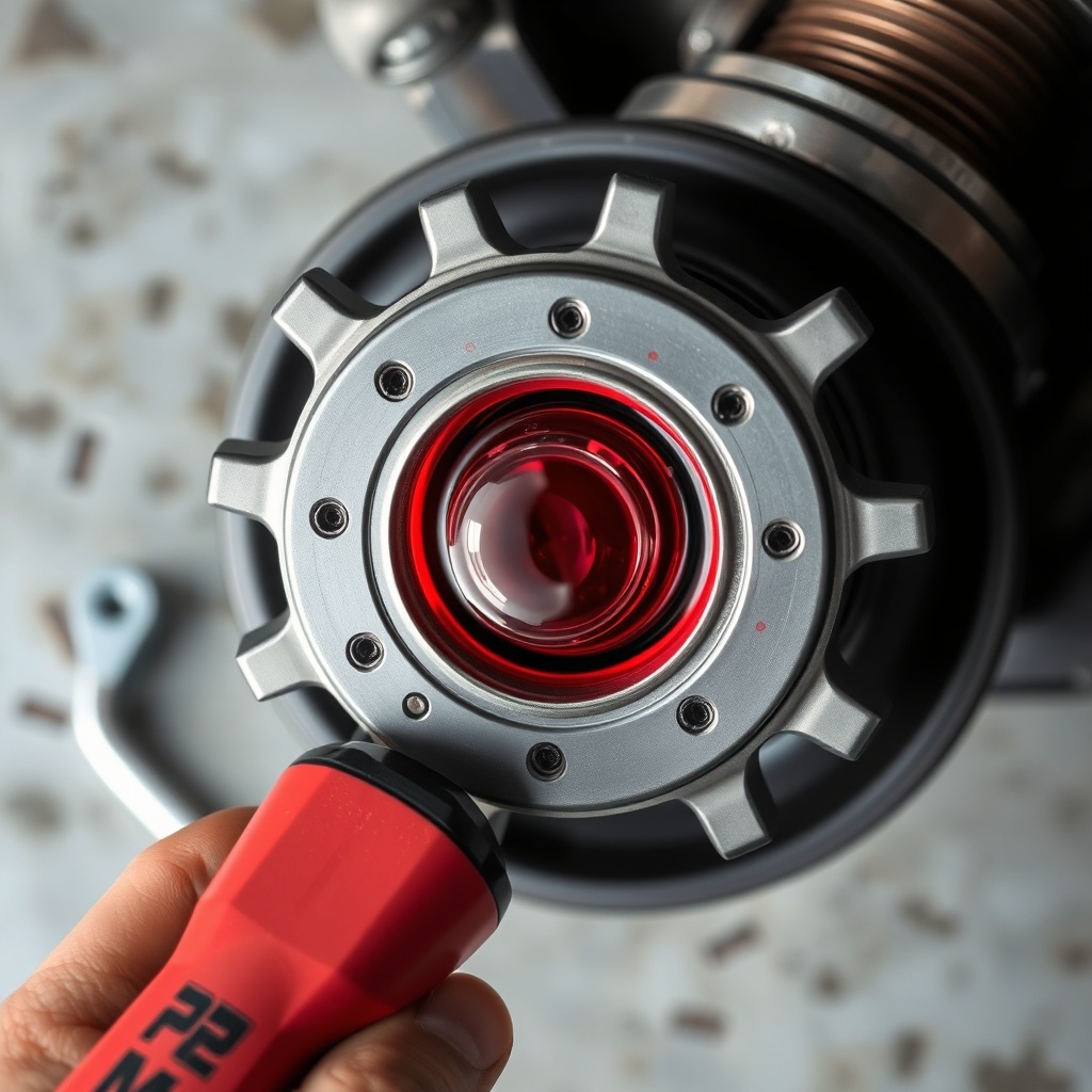A photorealistic overhead shot of a HorseTowPro oil-bath hub being inspected