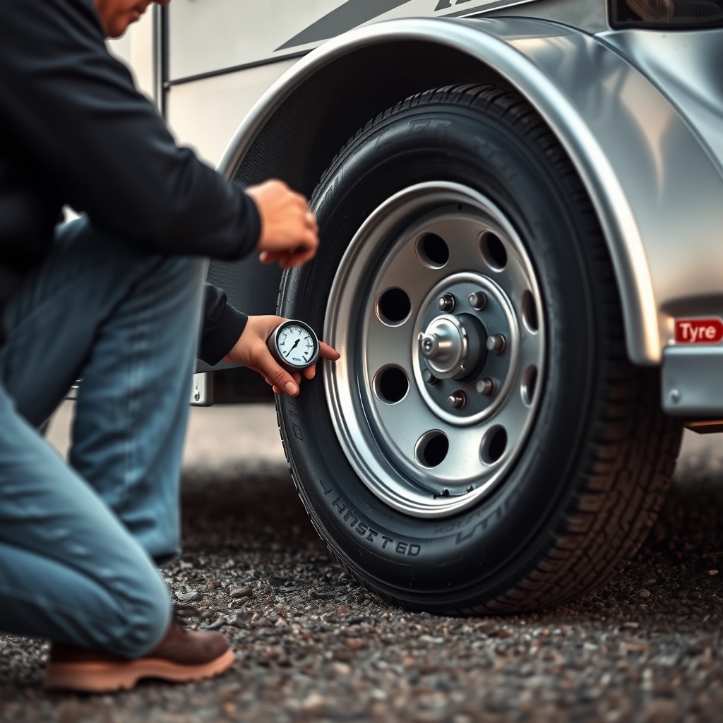 <A clean photorealistic photo of a person kneeling beside a HorseTowPro trailer wheel