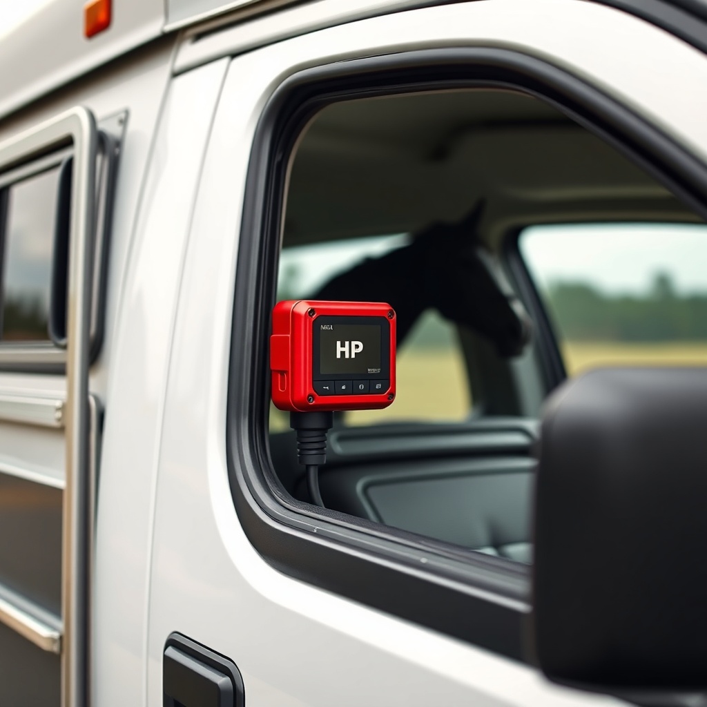 <A clean photorealistic photo of a side-view of a horse trailer connected to a pickup truc