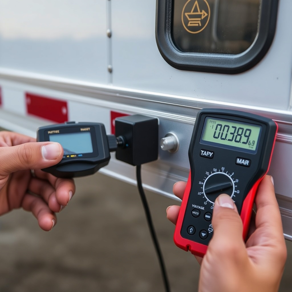 <clean photorealistic photo/illustration showing a tester connecting a brake controller to