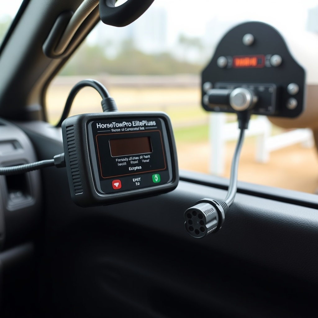 A photorealistic close-up of a HorseTowPro ElitePlus brake controller mounted in a truck c