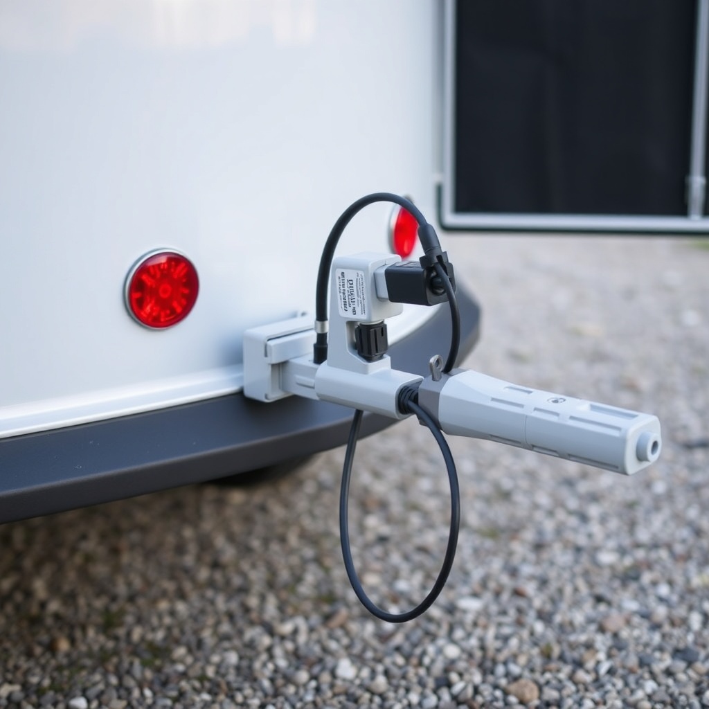 A photorealistic photo of an Equi-Spirit 2 Horse Bumper Pull's 7-pin connector at the hitc