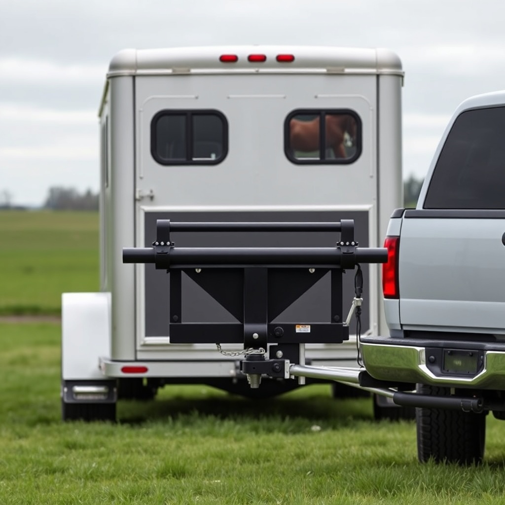 A clean photorealistic photo of a heavy-duty tow vehicle connected to a horse trailer via