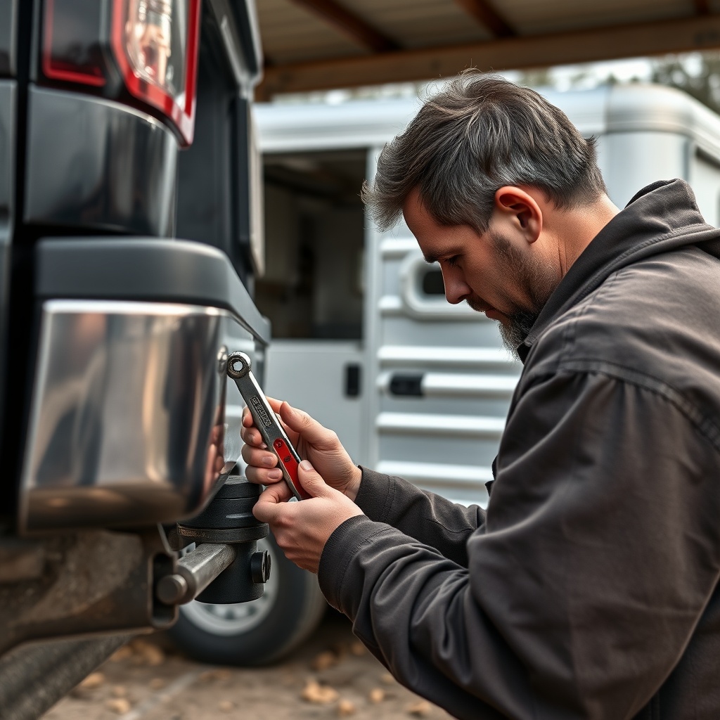 A clean photorealistic photo of a mechanic inspecting a hitch receiver on a pickup truck