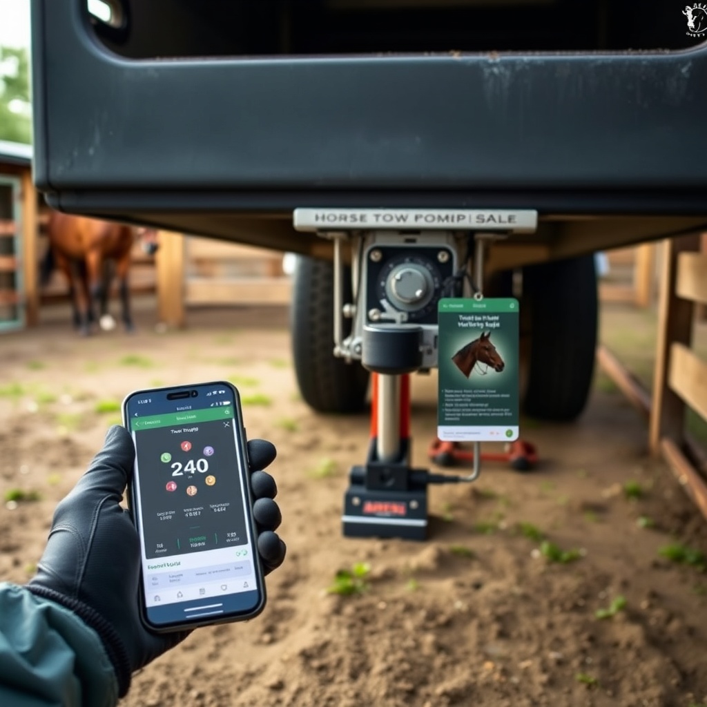 <A photorealistic photo of a horse trailer being weighed on a portable tongue weight scale