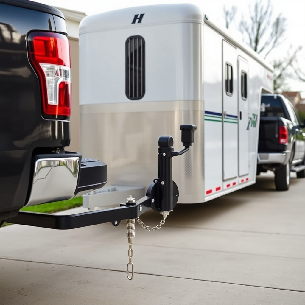 A realistic photo showing a HorseTowPro weight distribution hitch system attached to a tru