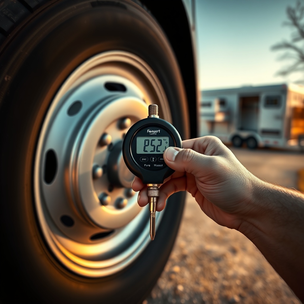 A photorealistic close-up of a hand holding a digital tire pressure gauge against a large