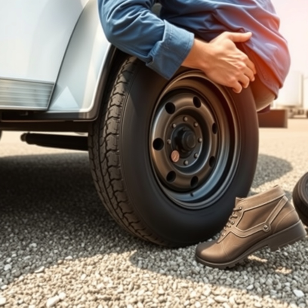A photorealistic side shot of a person kneeling by a trailer tire