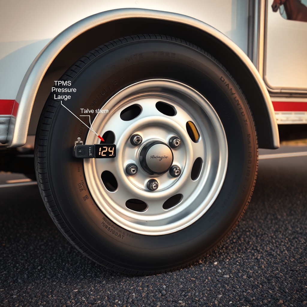 A photorealistic close-up of a HorseTowPro trailer wheel on a hot asphalt road