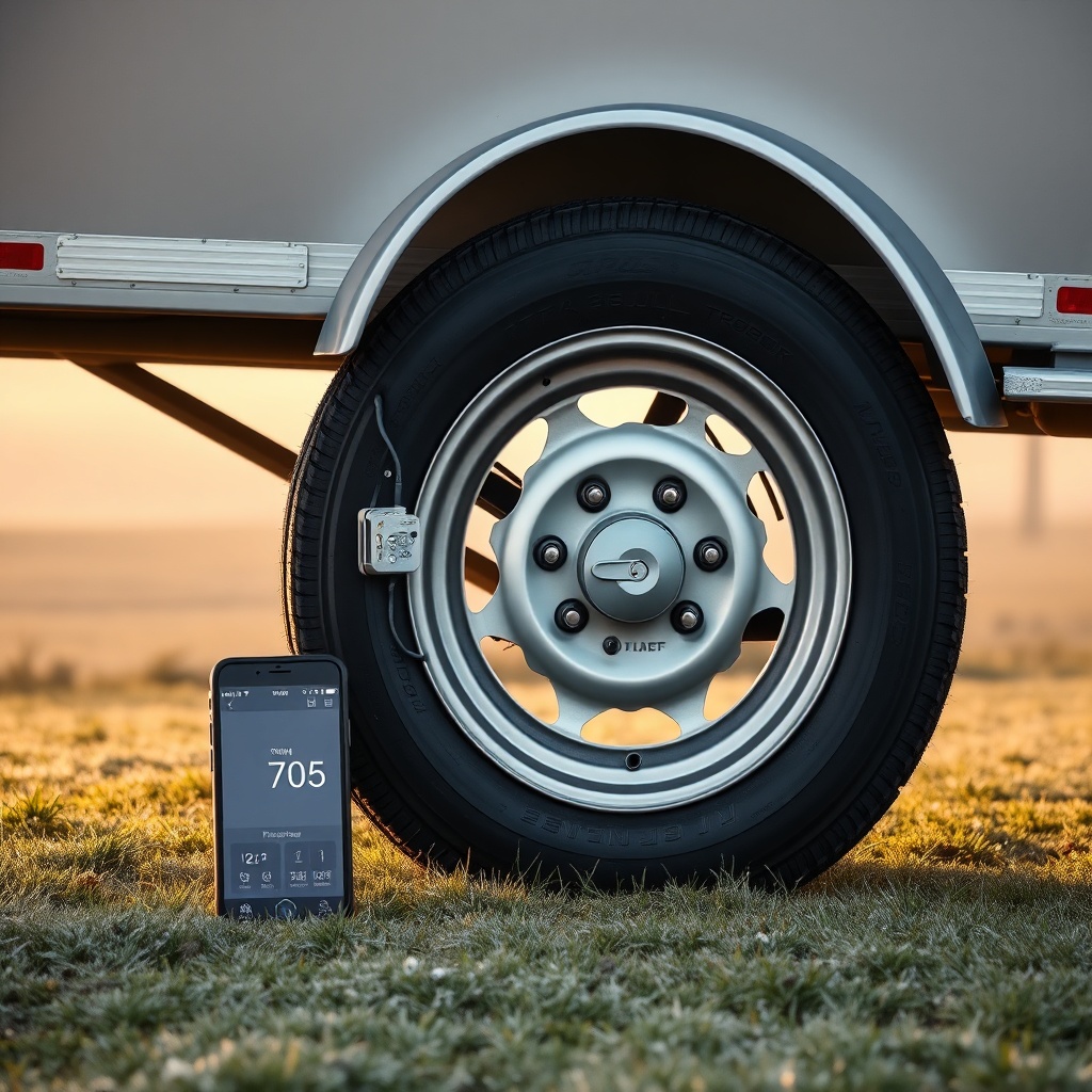 A clean photorealistic photo of a horse trailer’s tire with a TPMS sensor attached