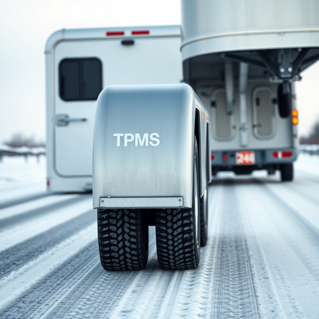 A clean photorealistic photo of a truck towing a horse trailer on a snowy road