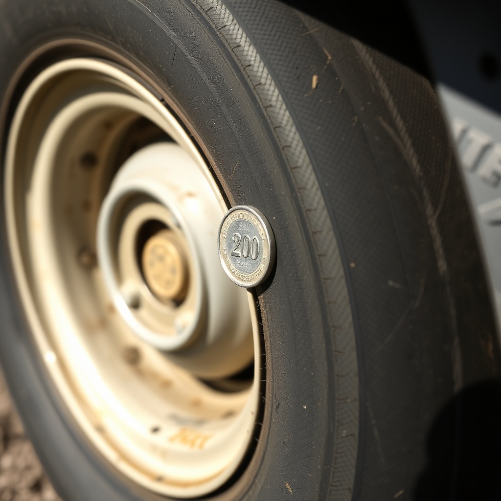 A photorealistic close-up of a horse trailer tyre with a 20p coin inserted into the tread