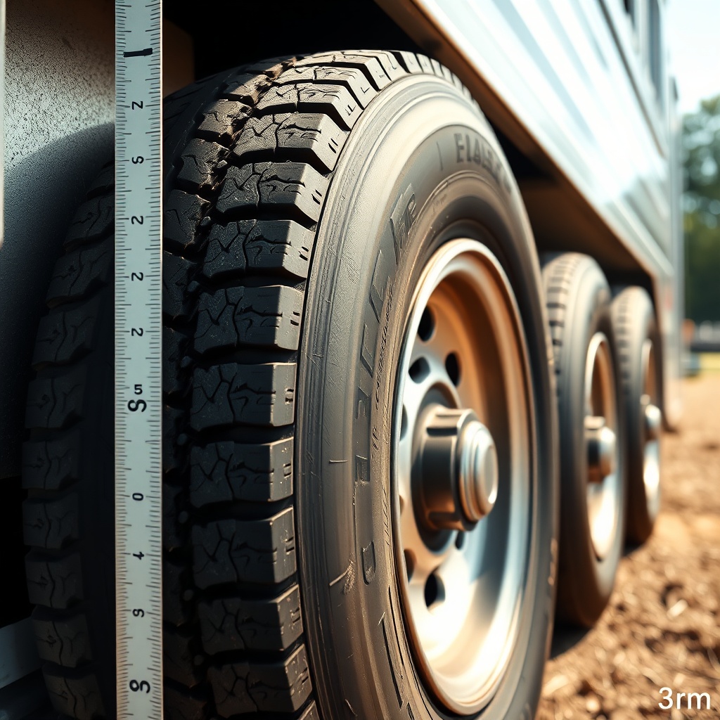 A photorealistic 3/4 shot of a horse trailer tyre sidewall with a visible bulge near the r