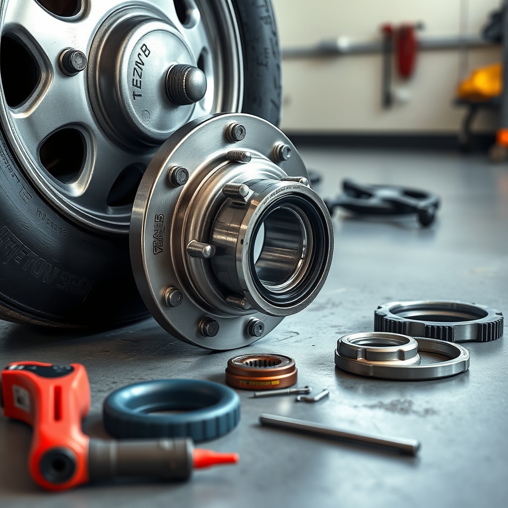 <A photorealistic 16:9 image of a HorseTowPro trailer wheel hub with tools laid out on a c