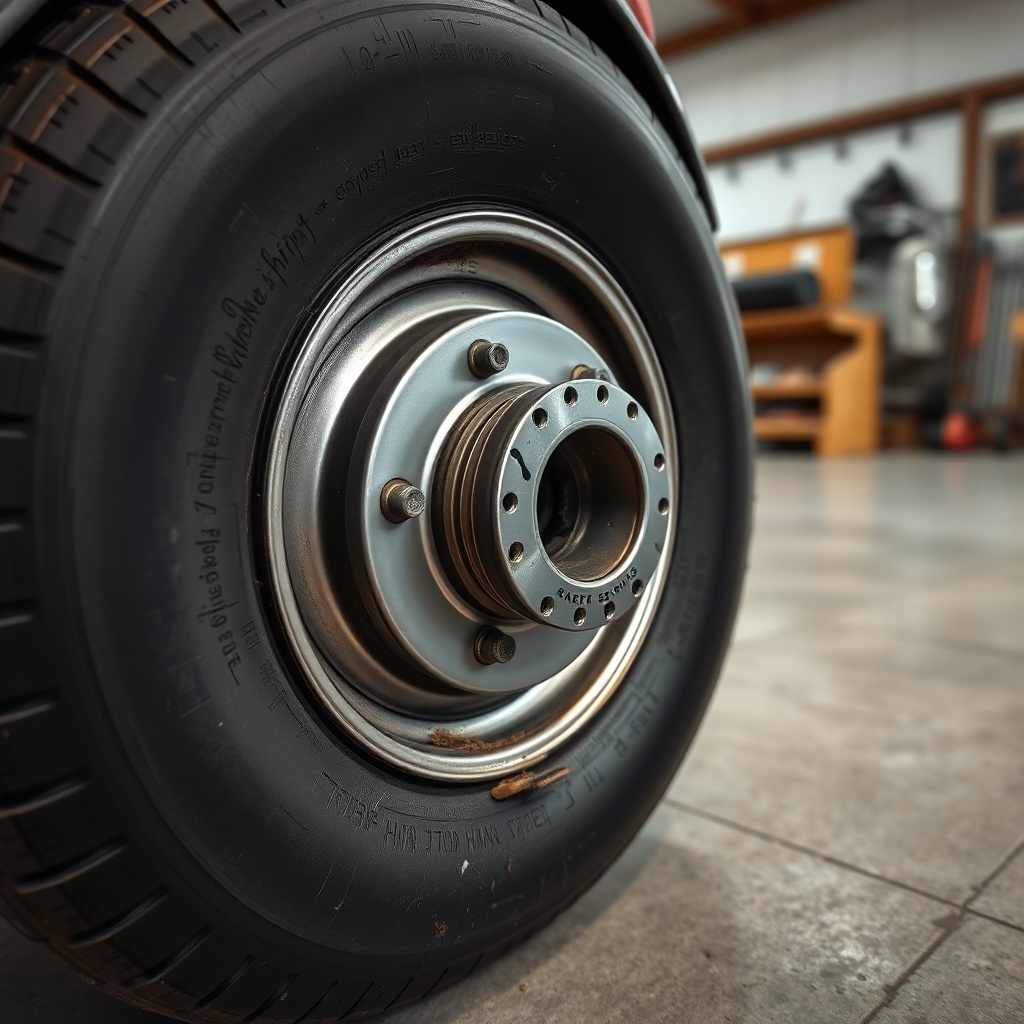 A photorealistic close-up of a wheel assembly on an Equi-Spirit 2 Horse Bumper Pull
