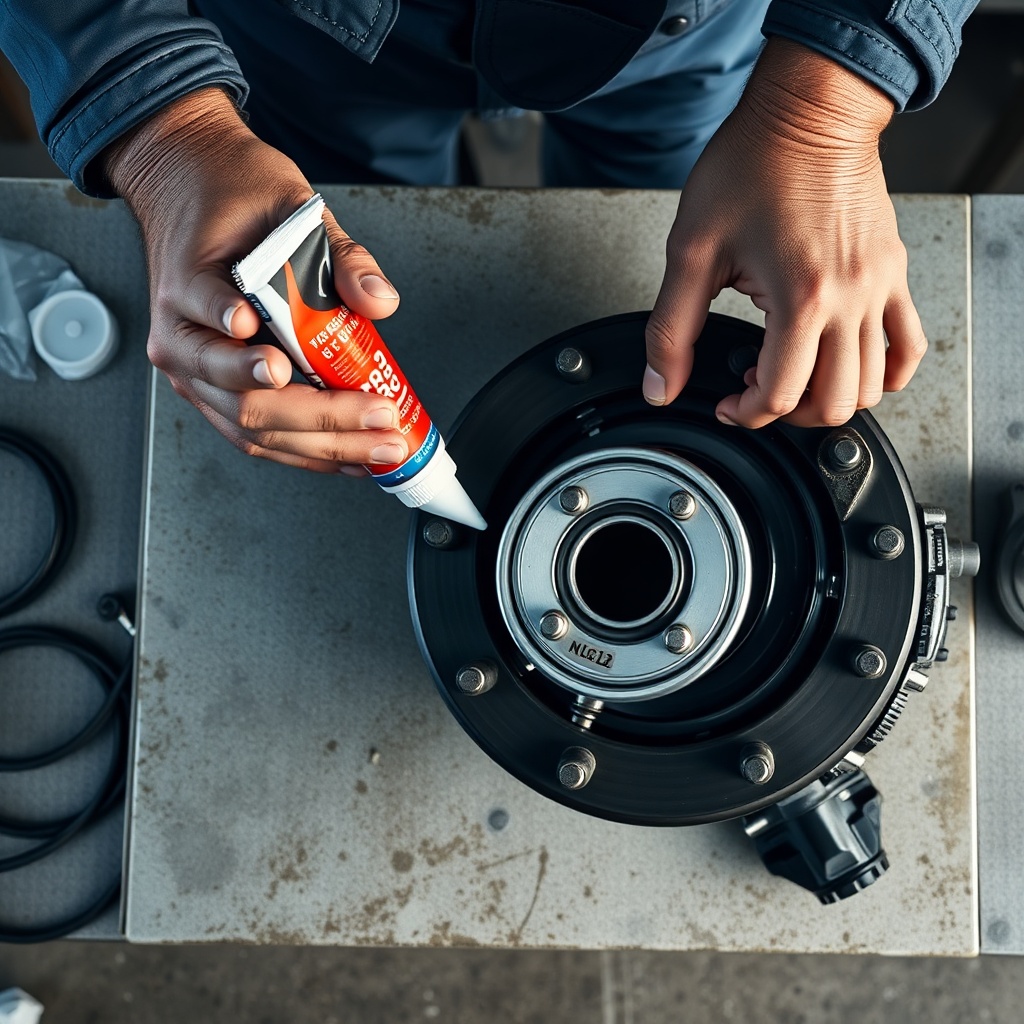 A photorealistic overhead angle of a mechanic’s hands repacking a bearing cone with NLGI #