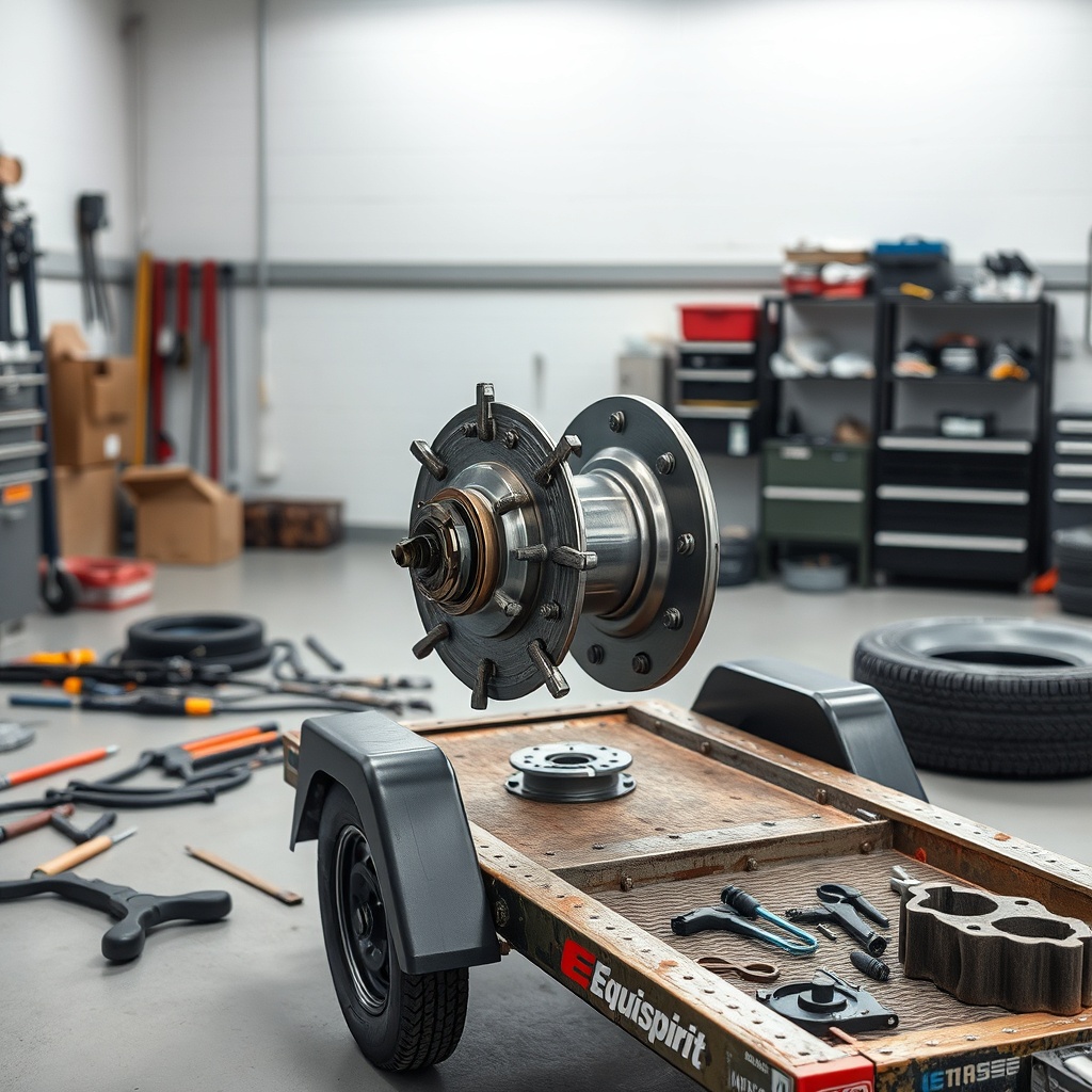 <photorealistic photo of a hub being disassembled on an Equi-Spirit trailer