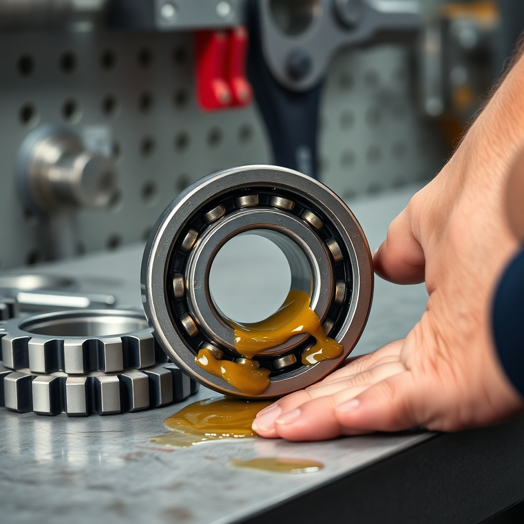 <photorealistic photo of a hand pressing a bearing cone into grease on a clean workbench