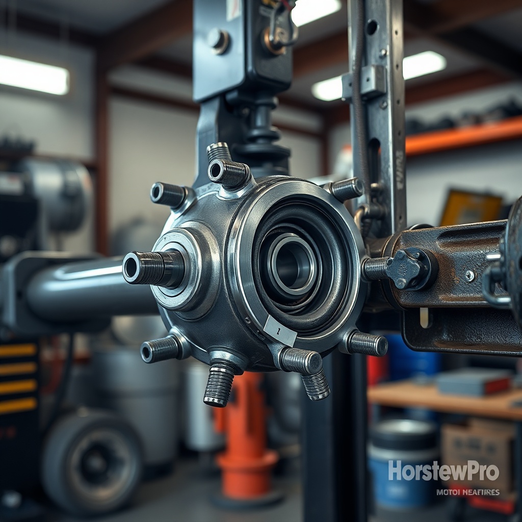 <photorealistic photo of a HorseTowPro trailer axle hub assembly