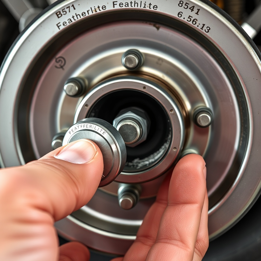 A clean photorealistic photo of a Featherlite 8541 trailer axle hub from a low angle
