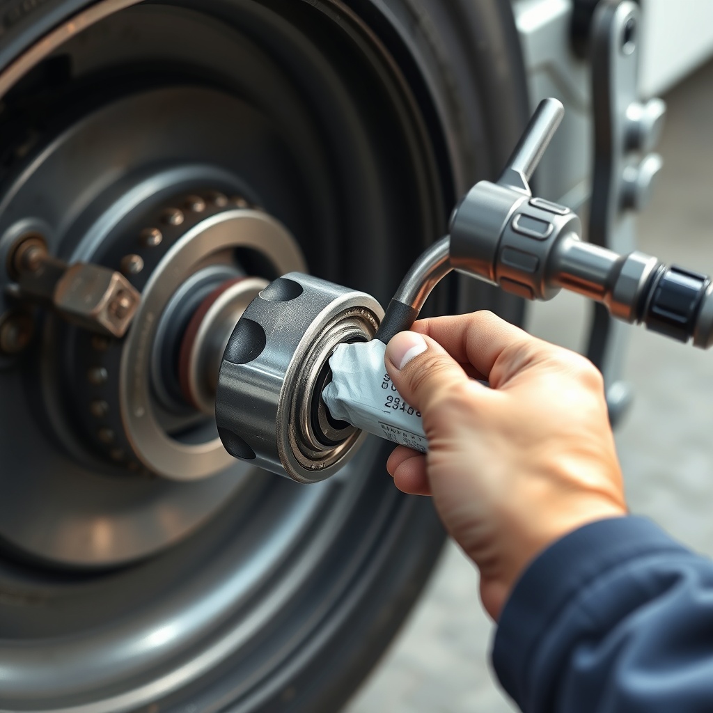 A photorealistic photo showing a hand holding a cleaned axle bearing being packed with gre