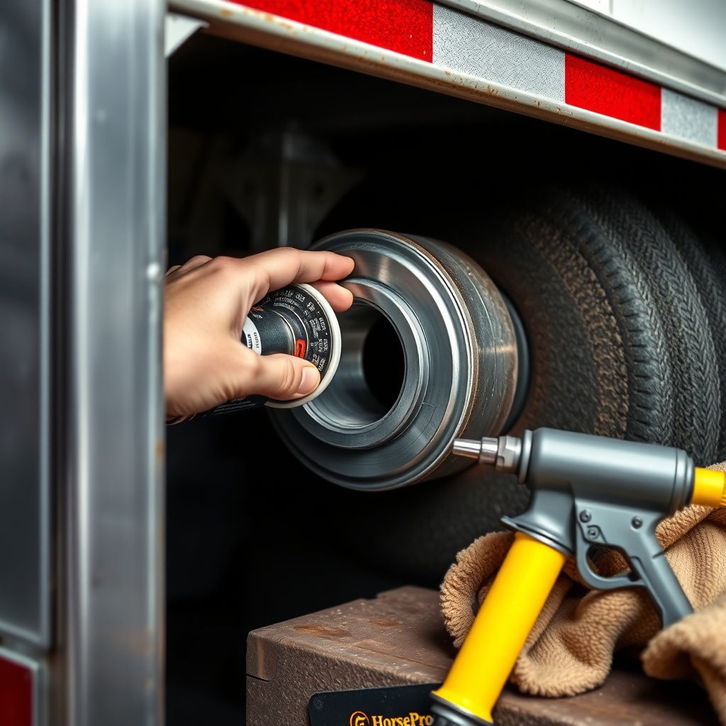 <A clean photorealistic photo showing a mechanic's hand applying fresh grease to a clean t