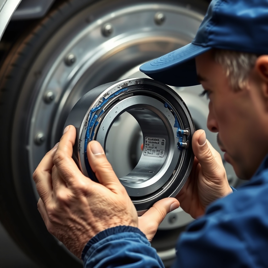 <clean photorealistic photo/illustration of a mechanic examining a damaged bearing showing