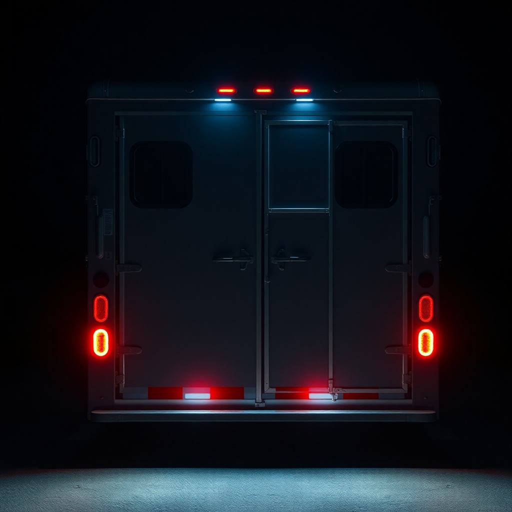 <A photorealistic photo of the back of a horse trailer
