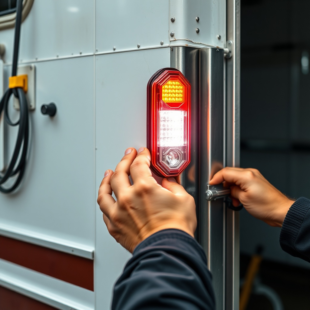 <A photorealistic photo of a mechanic installing an LED tail light on the side of a horse